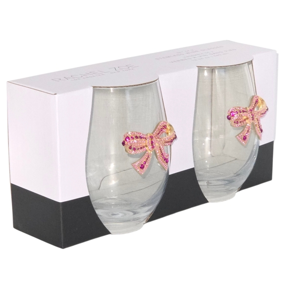 Rachel‎ Zoe Drinkware Set of 2 Stemless Jeweled Bows Wine Glasses 18oz Barware - Picture 1 of 5